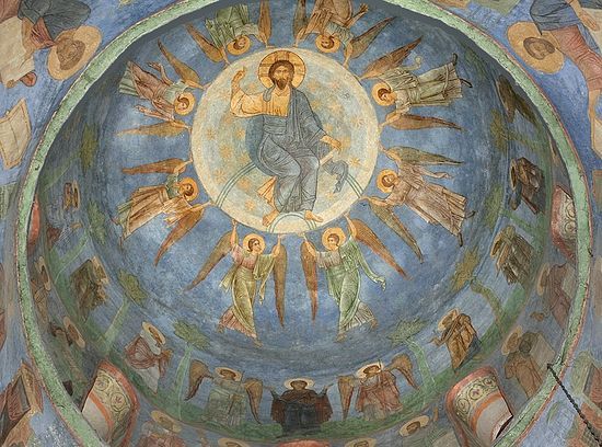 Ascensión del Señor. Mediados del siglo XI Fresco de la Catedral de la Transfiguración del Monasterio Mirozhsky en Pskov.