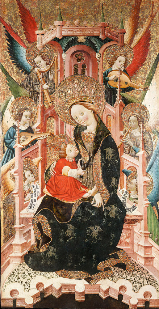Virgen entronizada acompañada de santos, ángeles y músicos