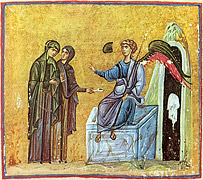 Mujeres-portadoras-de-mirra-y-un-angel-en-la-tumba.Miniatura-bizantina.
