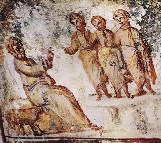 41.1. Hospitalidad de Abraham fresco en la catacumba de la Via Latina, Roma, finales del siglo IV